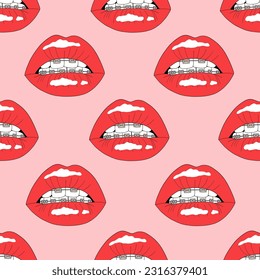 Patrón sin foco con labios sensuales. Teatro con llaves. Funky boca abierta con dientes, labios sensuales, emociones positivas. Tema de amor, diseño femenino. Ilustración del vector