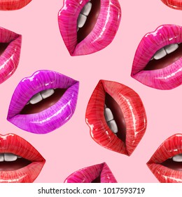 Seamless pattern of sexy lips. Vector lipstick or lip gloss 3d realistic design. Fashion illustration