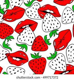 Seamless pattern with sexy red female lips and strawberry on a white background.