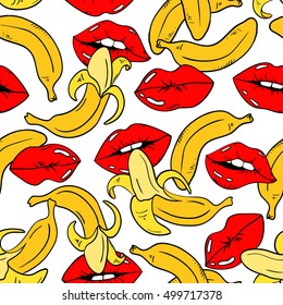 Seamless pattern with sexy red female lips and banana fruits on a white background.