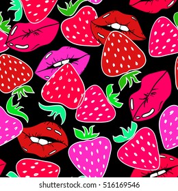 Seamless pattern with sexy red female lips and strawberry on a black background.