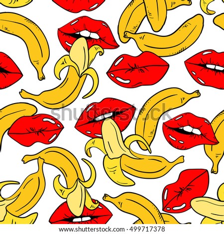 Seamless pattern with sexy red female lips and banana fruits on a white background.