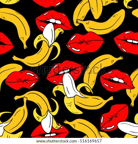 Seamless pattern with sexy red female lips and banana fruits on a black background.