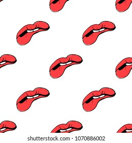 Seamless pattern of sexy red lips. Modern design. Bite lip vector illustration of pop art style. Vector illustration. EPS10.