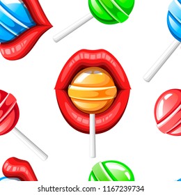Seamless pattern. Sexy red lips with candy. Red female glossy lips and blue lollipop. Colored icon. Flat vector illustration on white background.