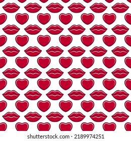 Seamless pattern with sexy red lips and hearts on a white background. Vector background.