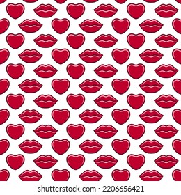 Patrón sin foco con labios y corazones rojos sensuales sobre un fondo blanco. Fondo vectorial.
