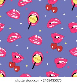 Seamless pattern with sexy women's lips. Lips with cherry and lollipop.Open mouth, sweet kiss. Love theme, feminine design. Blue background