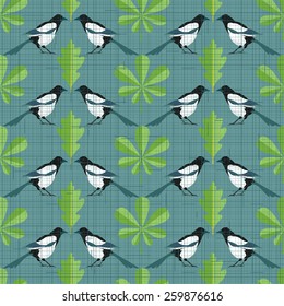 Seamless pattern with shabby magpies, chestnut and oak leaves. Vector.