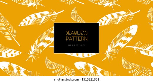 Seamless pattern. Shade of yellow Dark cheddar. White feather ornament. Color trend palette. Fashion color. Great for fabric and more.