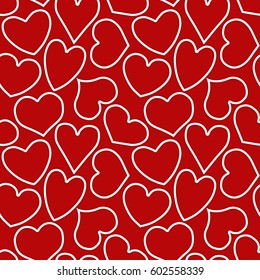 Seamless pattern with shaded white outlines of hearts of different form on a red background. Vector eps 10. 