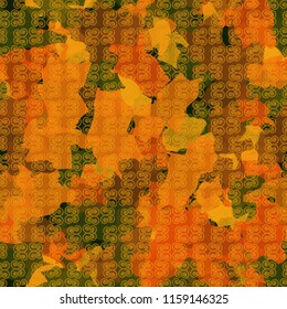 A seamless pattern from the shades of the autumn landscape.
On the surface of the picture is a regular texture consisting of counter-curls.