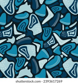 seamless pattern in the shades of blue. Hand drawn various shapes and doodle objects. Abstract contemporary modern trendy vector illustration. Stamp texture. Every pattern is isolated