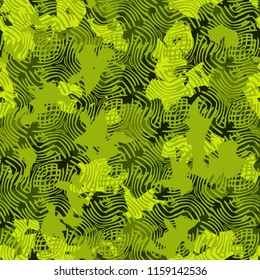 A seamless pattern of shades of green foliage with a tracery of arched lines on top.