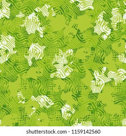 A seamless pattern of shades of green foliage with a tracery of arched lines on top.