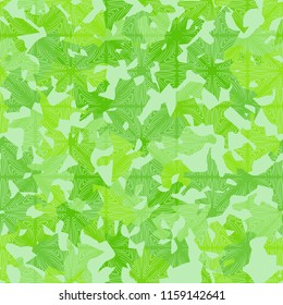 A seamless pattern of shades of green foliage with a rhythmic pattern applied from above consisting of squares with parquet texture.