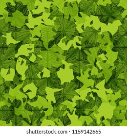 A seamless pattern of shades of green foliage with a rhythmic pattern applied from above consisting of squares with parquet texture.