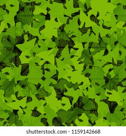 A seamless pattern of shades of green foliage with a rhythmic pattern applied from above consisting of squares with parquet texture.