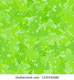 A seamless pattern of shades of green foliage with a rhythmic tracery drawn from above consisting of squares represented by arcs.
