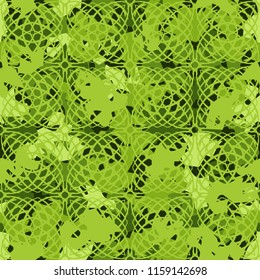 A seamless pattern of shades of green foliage with a rhythmic tracery drawn from above consisting of squares represented by arcs.