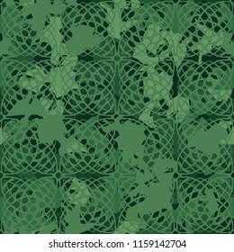 A seamless pattern of shades of green foliage with a rhythmic tracery drawn from above consisting of squares represented by arcs.