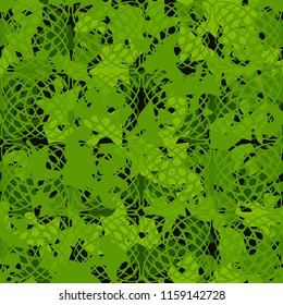 A seamless pattern of shades of green foliage with a rhythmic tracery drawn from above consisting of squares represented by arcs.