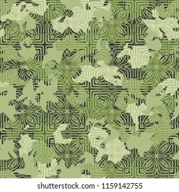 A seamless pattern of shades of green foliage with a rhythmic tracery applied from above.