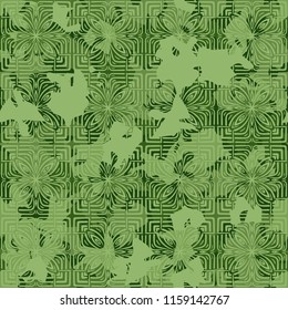 A seamless pattern of shades of green foliage with a rhythmic tracery applied from above.