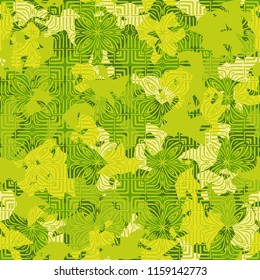 A seamless pattern of shades of green foliage with a rhythmic tracery applied from above.
