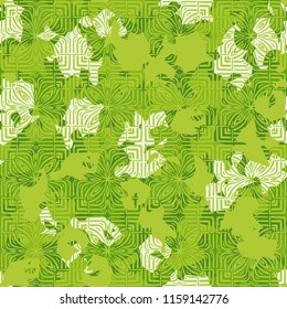 A seamless pattern of shades of green foliage with a rhythmic tracery applied from above.