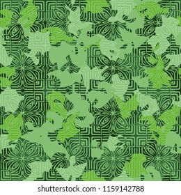 A seamless pattern of shades of green foliage with a rhythmic tracery applied from above.