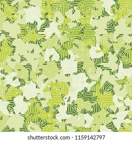 A seamless pattern of shades of green foliage with a rhythmic tracery applied from above.