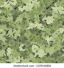 A seamless pattern of shades of green foliage with a tracery of arched lines on top.