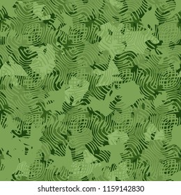 A seamless pattern of shades of green foliage with a tracery of arched lines on top.