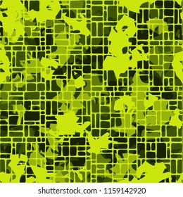 A seamless pattern of shades of green foliage covered with a network of small rounded rectangles.