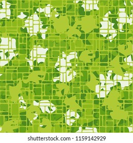 A seamless pattern of shades of green foliage covered with a network of small rounded rectangles.