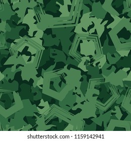 A seamless pattern of shades of green foliage with pentagons on top.