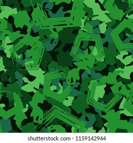 A seamless pattern of shades of green foliage with pentagons on top.