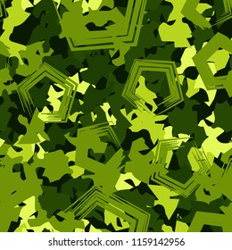 A seamless pattern of shades of green foliage with pentagons on top.