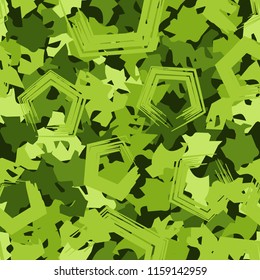 A seamless pattern of shades of green foliage with pentagons on top.