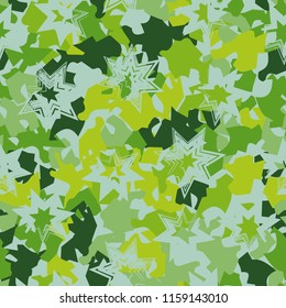 A seamless pattern of shades of green foliage with six-pointed stars on top.