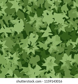 A seamless pattern of shades of green foliage with six-pointed stars on top.