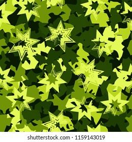 A seamless pattern of shades of green foliage with six-pointed stars on top.