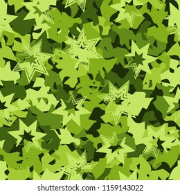 A seamless pattern of shades of green foliage with six-pointed stars on top.