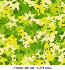 A seamless pattern of shades of green foliage with six-pointed stars on top.
