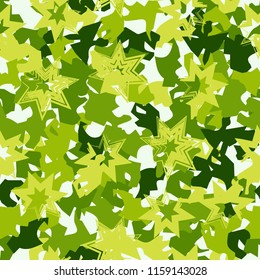 A seamless pattern of shades of green foliage with six-pointed stars on top.