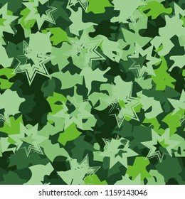 A seamless pattern of shades of green foliage with six-pointed stars on top.