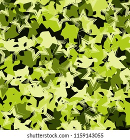 A seamless pattern of shades of green foliage with five-pointed stars on top.