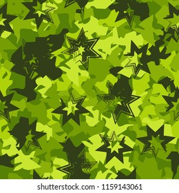 A seamless pattern of shades of green foliage with six-pointed stars on top.