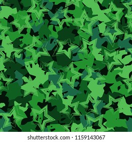 A seamless pattern of shades of green foliage with five-pointed stars on top.